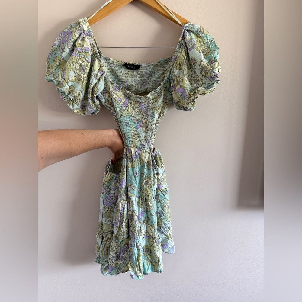 Hazel Boutique Floral Puff Sleeve Mini Dress Cottagecore Smocked Waist
